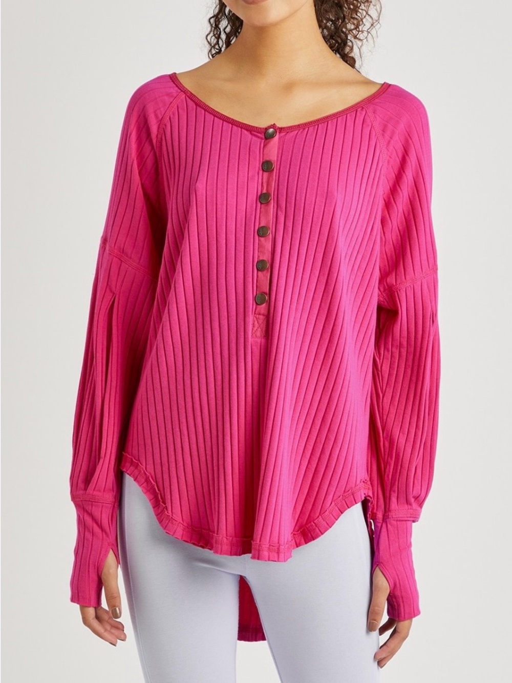 Free People Hot Pink Ribbed Button-Front Long Sleeve Top